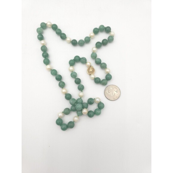 Pearl And Green Aventurine Beaded Hand Knotted Necklace 10mm Beads 26" Long - Picture 6 of 8
